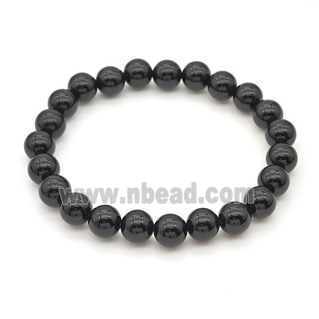 Natural Black Onyx Agate Bracelet Smooth Round Stretchy