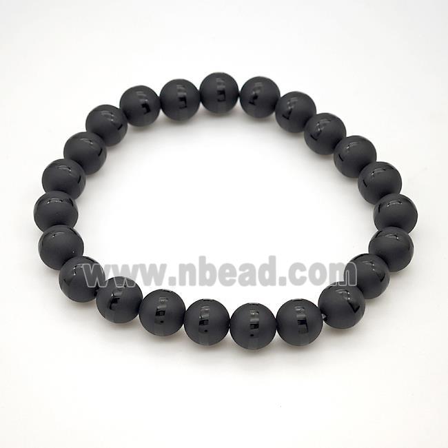 Natural Black Onyx Agate Bracelet Smooth Round Line Stretchy