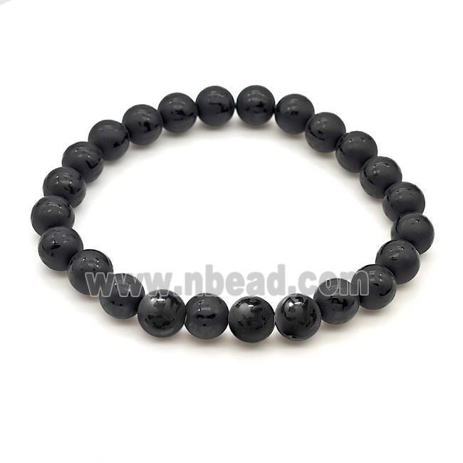 Natural Black Onyx Agate Bracelet Smooth Round Stretchy