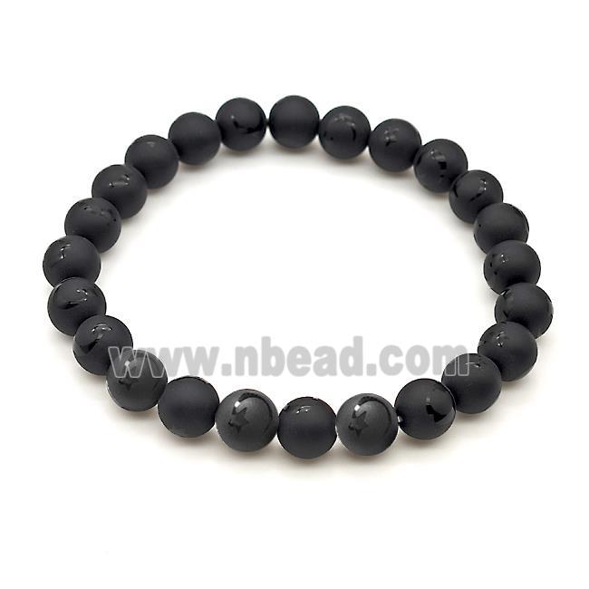 Natural Black Onyx Agate Bracelet Smooth Round Moon Star Stretchy