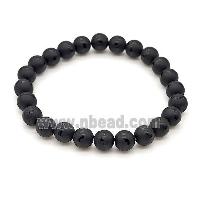 Natural Black Onyx Agate Bracelet Smooth Round Wave Stretchy