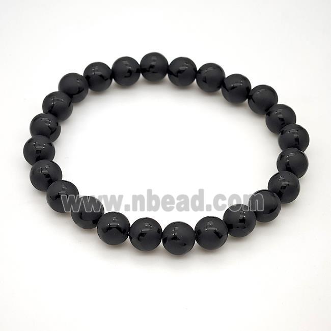 Natural Black Onyx Agate Bracelet Smooth Round Stretchy