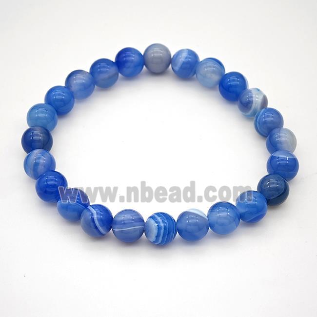 Natural Stripe Agate Bracelet Blue Dye Smooth Round Stretchy