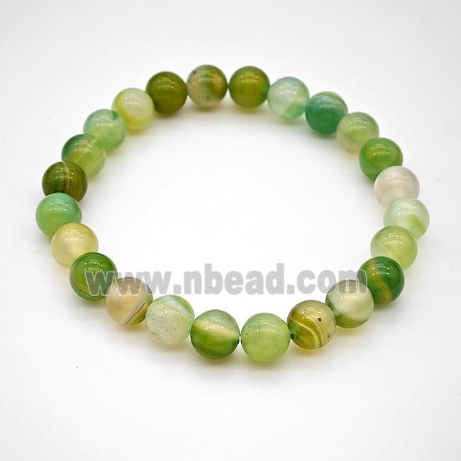 Natural Stripe Agate Bracelet Green Dye Smooth Round Stretchy