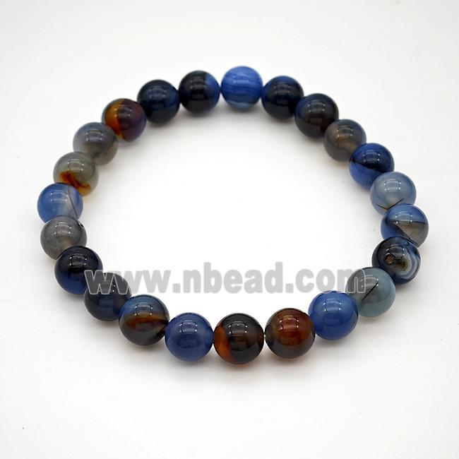 Natural Agate Bracelet Blue Dye Smooth Round Stretchy