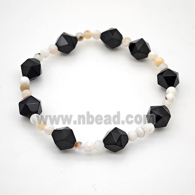 Black Onyx Agate Bracelet Faceted Round Stretchy