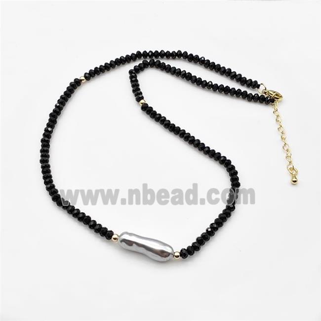 Black Onyx Agate Necklace With Pearl Faceted Rondelle