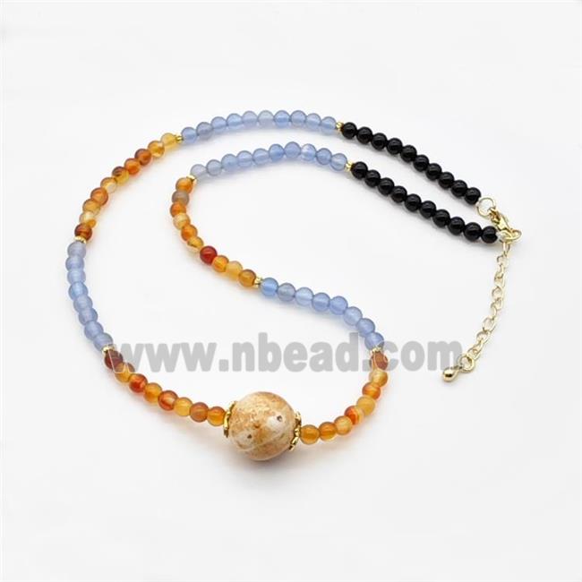 Natural Agate Necklace Blue Red Dye Smooth Round