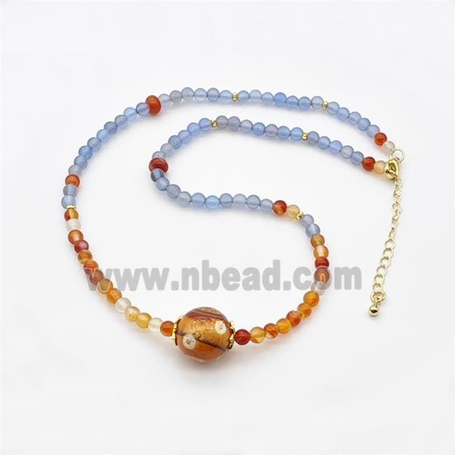 Natural Agate Necklace Blue Red Dye Smooth Round