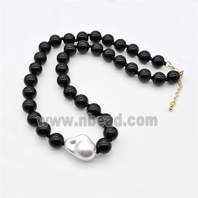 Natural Black Onyx Necklace With Pearl Smooth Round