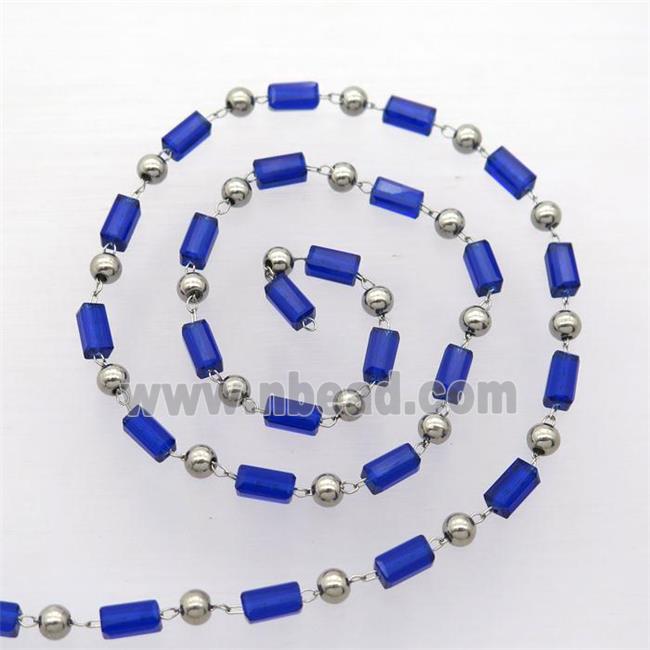 raw stainless steel chain with blue crystal glass