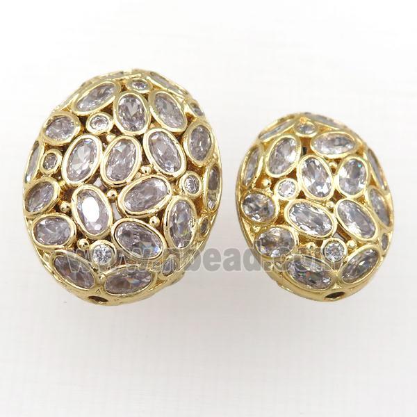 copper oval beads pave zircon, hollow, gold plated