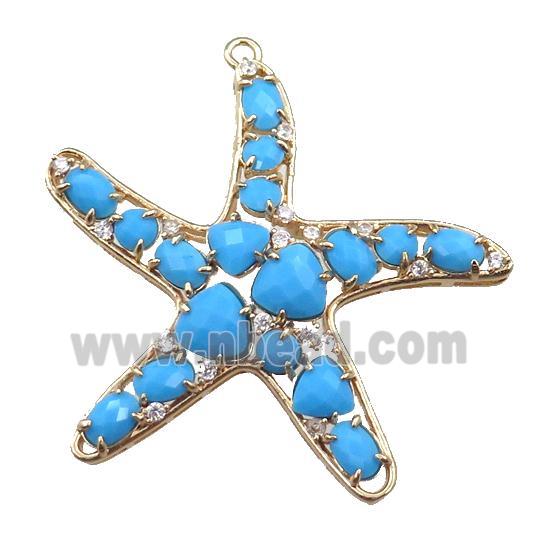 copper starfish pendant paved zircon with blue crystal glass, hollow, gold plated