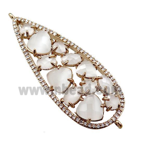 copper teardrop connector paved zircon with white crystal glass, hollow, gold plated