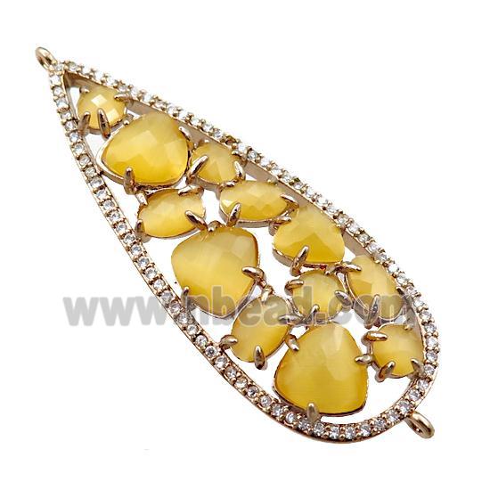 copper teardrop connector paved zircon with yellow crystal glass, hollow, gold plated