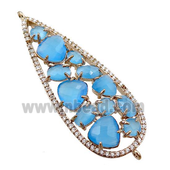 copper teardrop connector paved zircon with blue crystal glass, hollow, gold plated