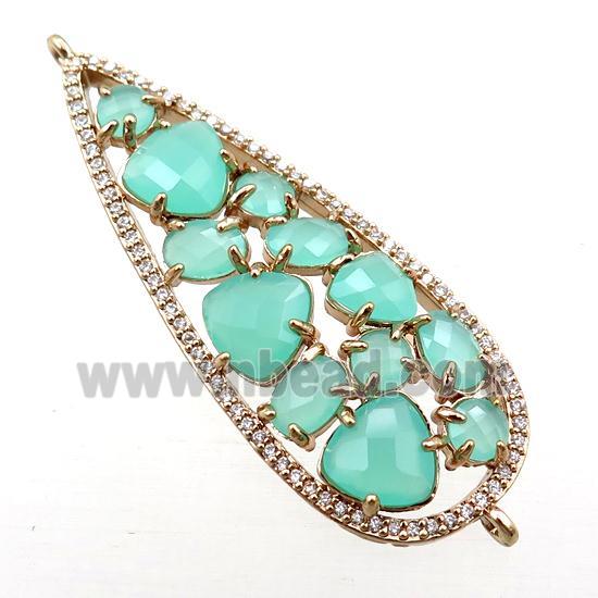 copper teardrop connector paved zircon with green crystal glass, hollow, gold plated