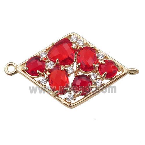 copper polygon connector paved zircon with red crystal glass, hollow, gold plated