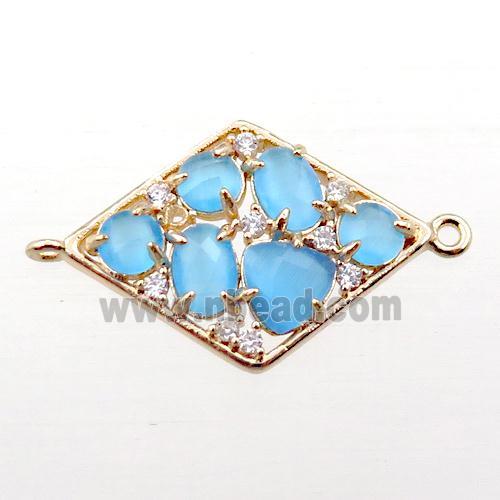 copper polygon connector paved zircon with blue crystal glass, hollow, gold plated