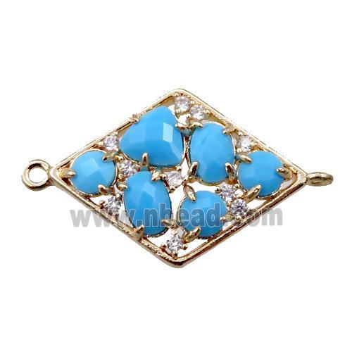 copper polygon connector paved zircon with blue crystal glass, hollow, gold plated