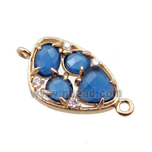 copper teardrop connector paved zircon with blue crystal glass, hollow, gold plated