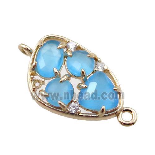 copper teardrop connector paved zircon with blue crystal glass, hollow, gold plated