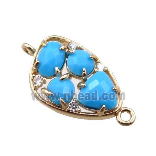 copper teardrop connector paved zircon with blue crystal glass, hollow, gold plated