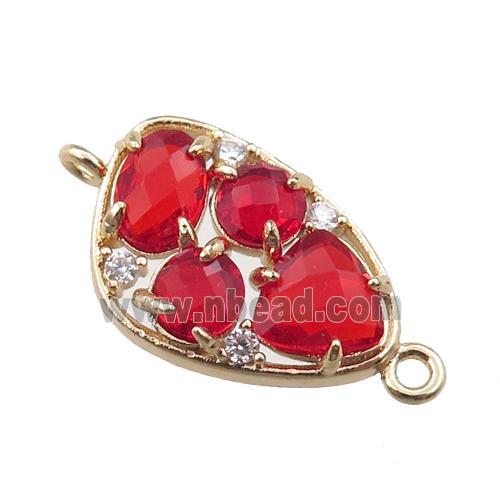 copper teardrop connector paved zircon with red crystal glass, hollow, gold plated