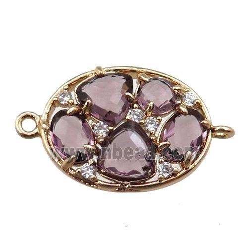 copper oval connector paved zircon with purple crystal glass, hollow, gold plated