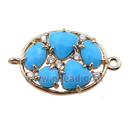 copper oval connector paved zircon with blue crystal glass, hollow, gold plated