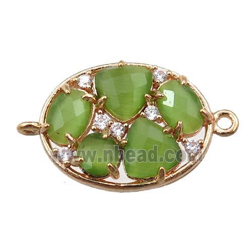 copper oval connector paved zircon with olive crystal glass, hollow, gold plated