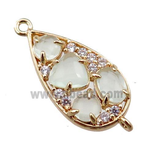 copper teardrop connector paved zircon with white crystal glass, hollow, gold plated