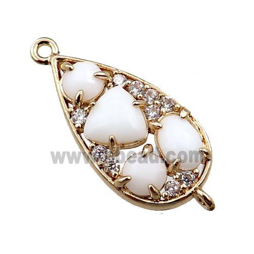 copper teardrop connector paved zircon with white crystal glass, hollow, gold plated