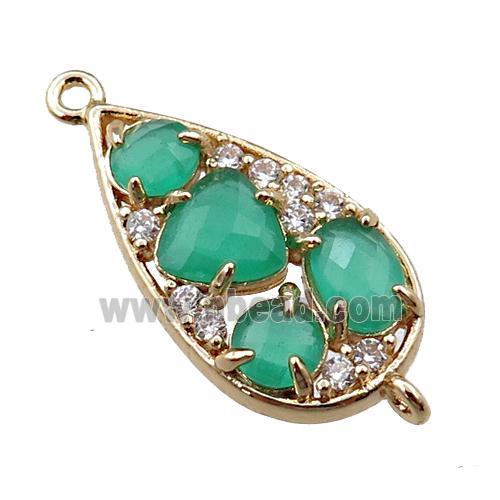 copper teardrop connector paved zircon with green crystal glass, hollow, gold plated