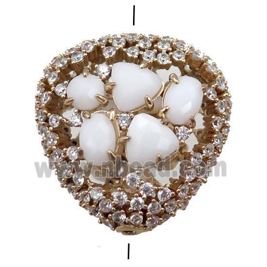 copper heart beads paved zircon with white crystal glass, hollow, gold plated