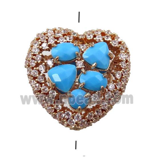 copper heart beads paved zircon with blue crystal glass, hollow, gold plated