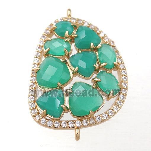 copper teardrop connector paved zircon with green crystal glass, hollow, gold plated