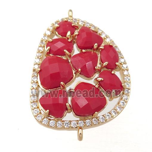 copper teardrop connector paved zircon with red crystal glass, hollow, gold plated