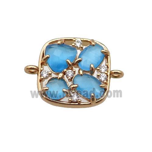 copper square connector pave blue Cat Eye Crystal, gold plated