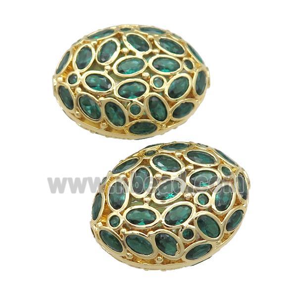 copper oval beads pave green zircon, gold plated