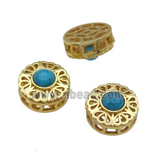 Copper Coin Beads Pave Turquoise Gold Plated