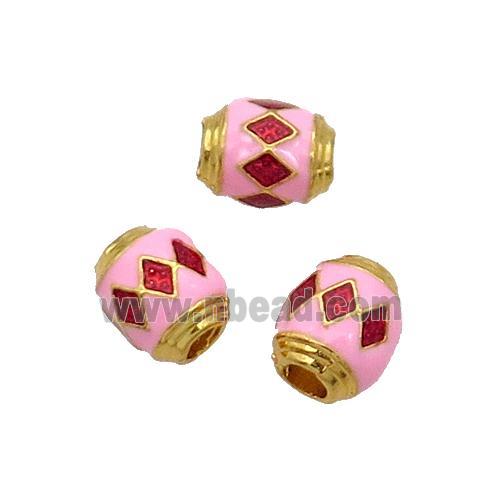 Alloy Barrel Beads Pink Enamel Large Hole Gold Plated