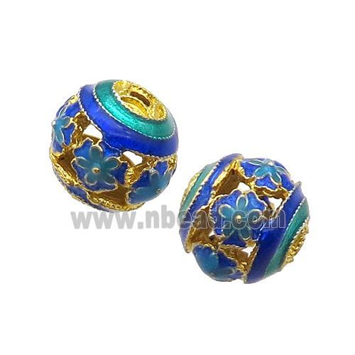 Alloy Round Beads Blue Enamel Hollow Gold Plated