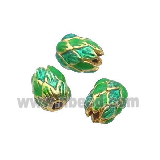 Alloy Tulip Flower Beads Green Enamel Gold Plated