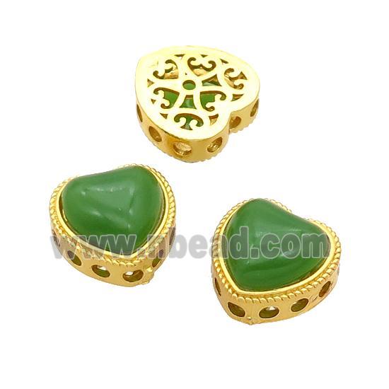 Copper Heart Beads Pave Green Jade Gold Plated