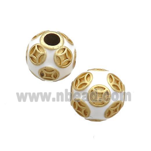 Copper Round Beads White Enamel Large Hole Gold Plated