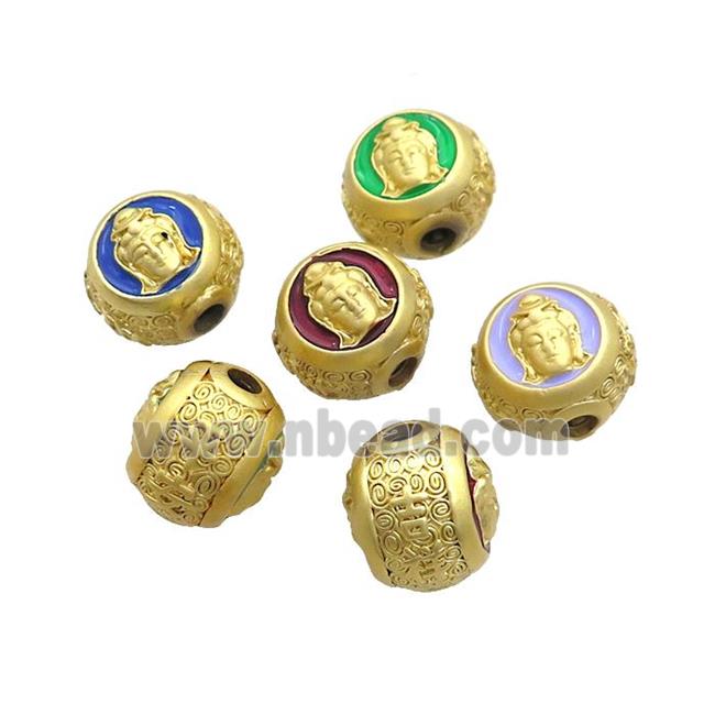 Copper Buddha Beads Enamel Large Hole Gold Plated Mixed Color