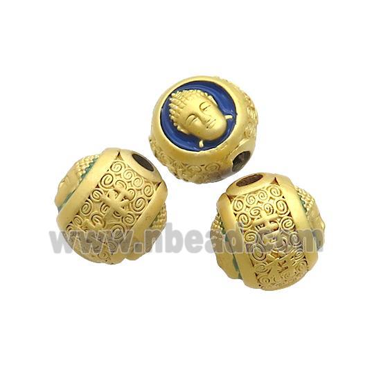 Copper Buddha Beads Blue Enamel Large Hole Gold Plated