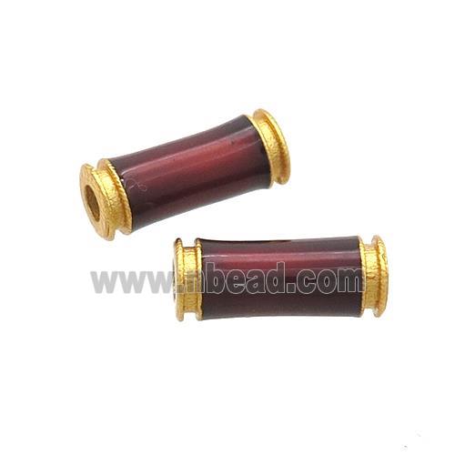 Copper Tube Beads DarkRed Enamel 18K Gold Plated