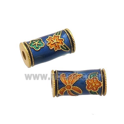 Copper Tube Beads Blue Cloisonne 18K Gold Plated